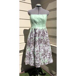 Miriam Ocariz Linen Strapless Green Floral Dress Size S